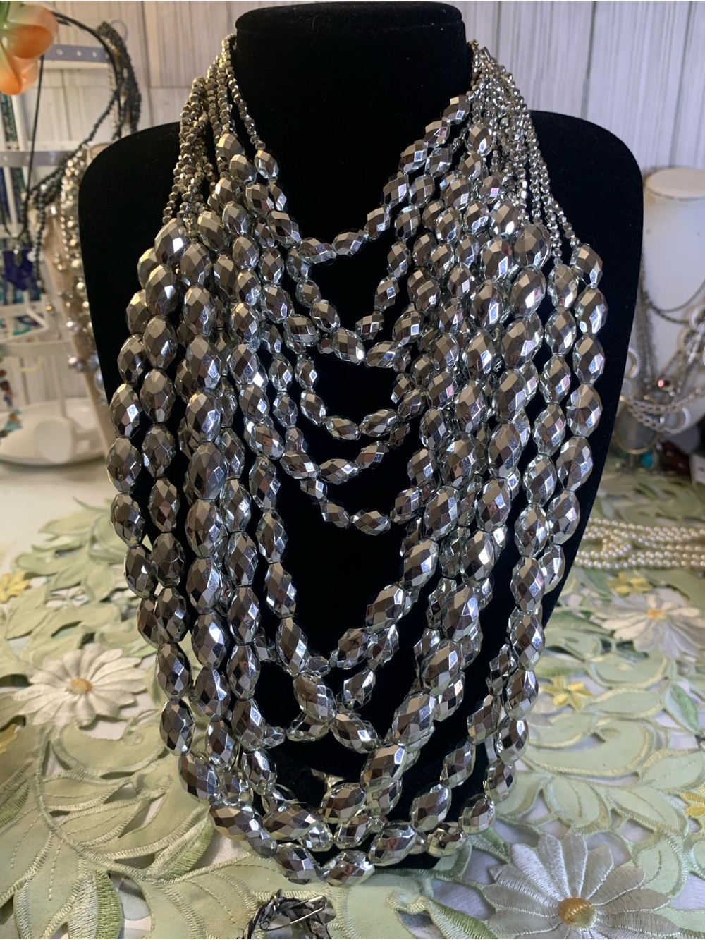 13 Chain Layered Silver Beaded Statement Necklace - Women Jewelry